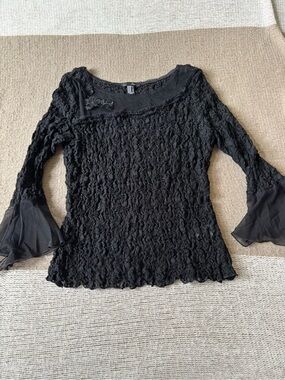 Black Textured Lace Bell-Sleeve Blouse